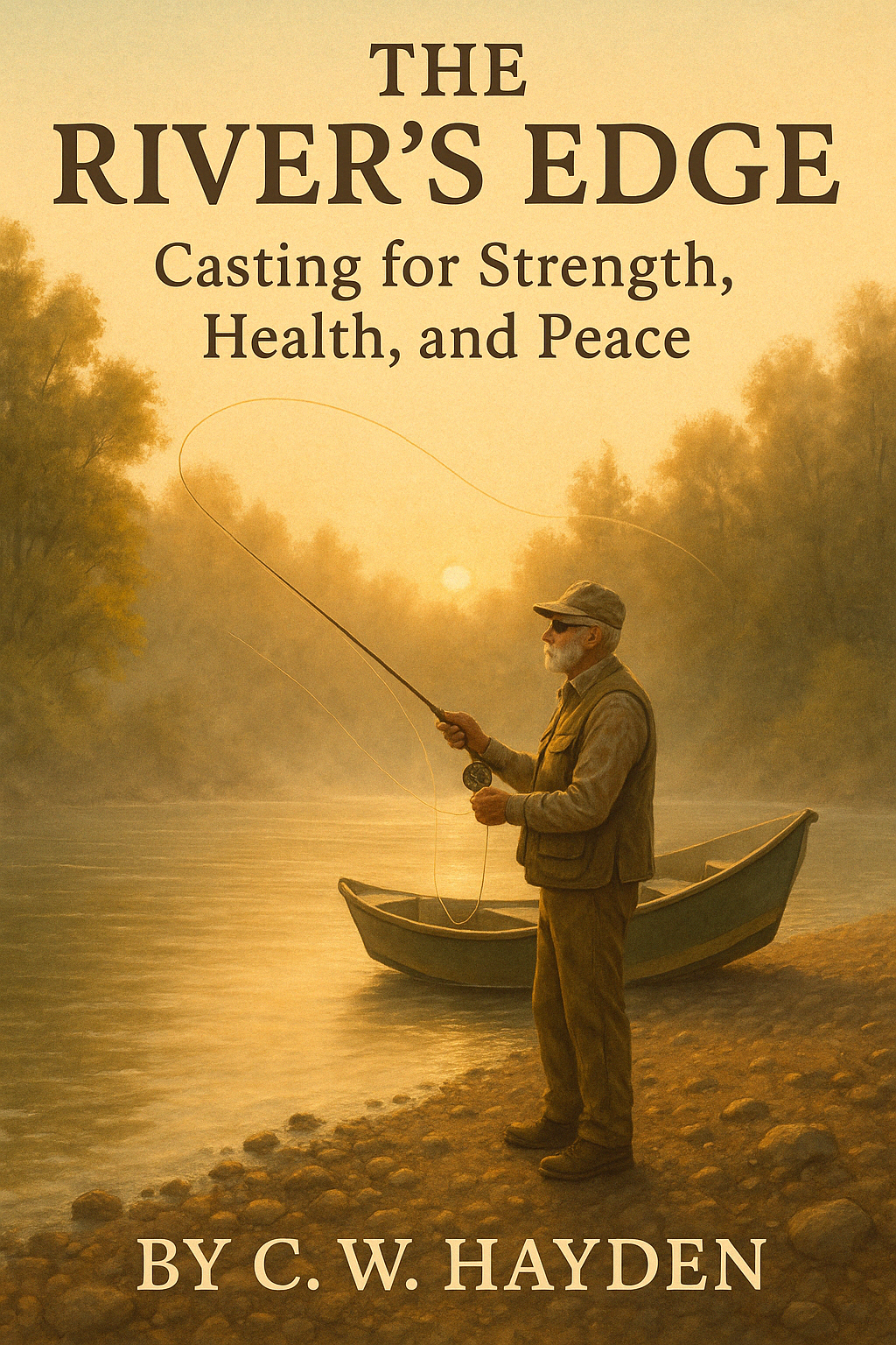 Cover of The River’s Edge ebook showing a fly rod by a Montana river, symbolizing peace and solitude in nature