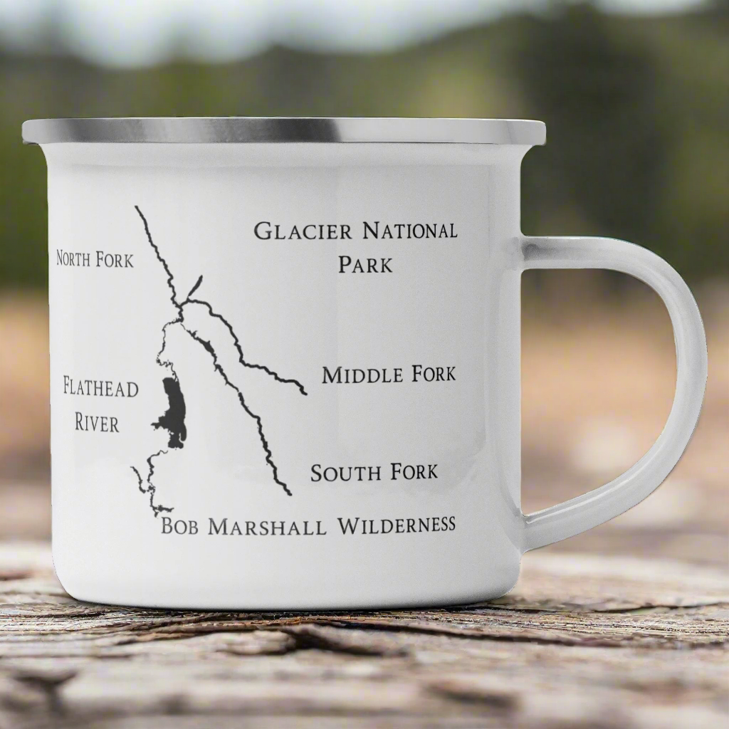 Flathead River Enamel Mug – 12oz Vintage Camp Cup for Coffee or Whiskey