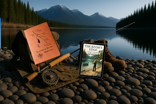 Flathead River Journal and Special Field Edition eBook resting on fly fishing gear beside a mountain lake at sunrise – 49° North of Noise bundle