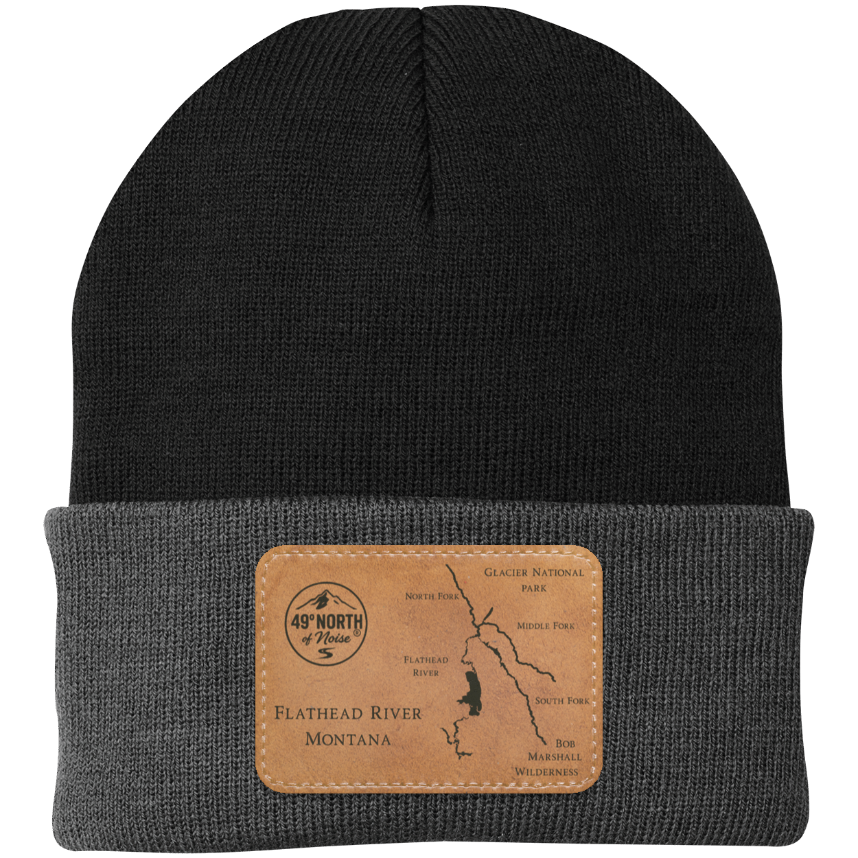 Black knit beanie with tan circular leather 49° North of Noise logo patch, Flathead River Edition.

