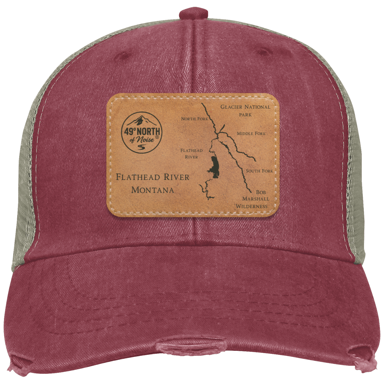 Distressed pigment-dyed trucker hat with tan mesh and Flathead River map leather patch in multiple shape options