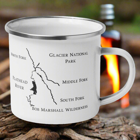 Flathead River Enamel Mug – 12oz Vintage Camp Cup for Coffee or Whiskey