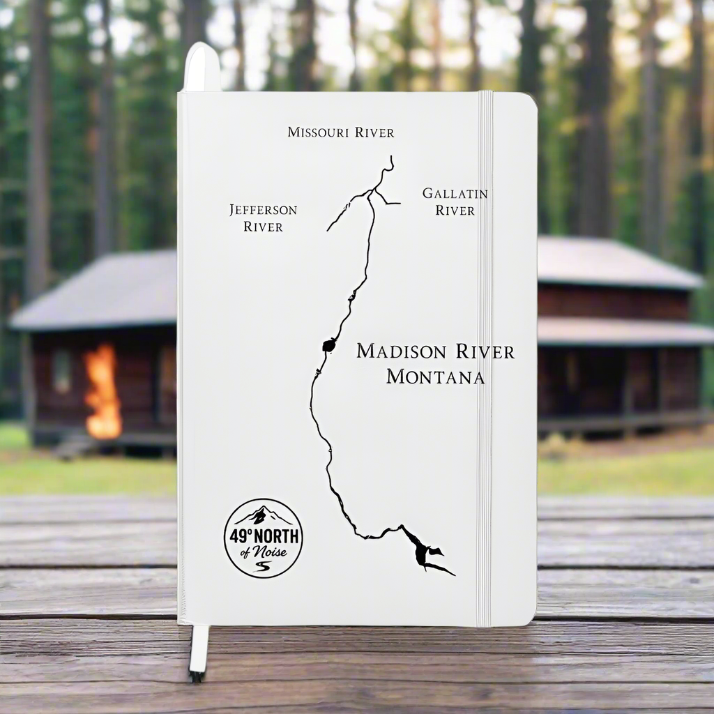 Hardcover white UltraHyde journal with engraved Madison River map design, elastic closure, and cream lined pages.