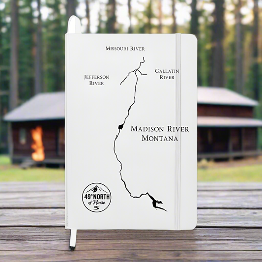 Hardcover white UltraHyde journal with engraved Madison River map design, elastic closure, and cream lined pages.