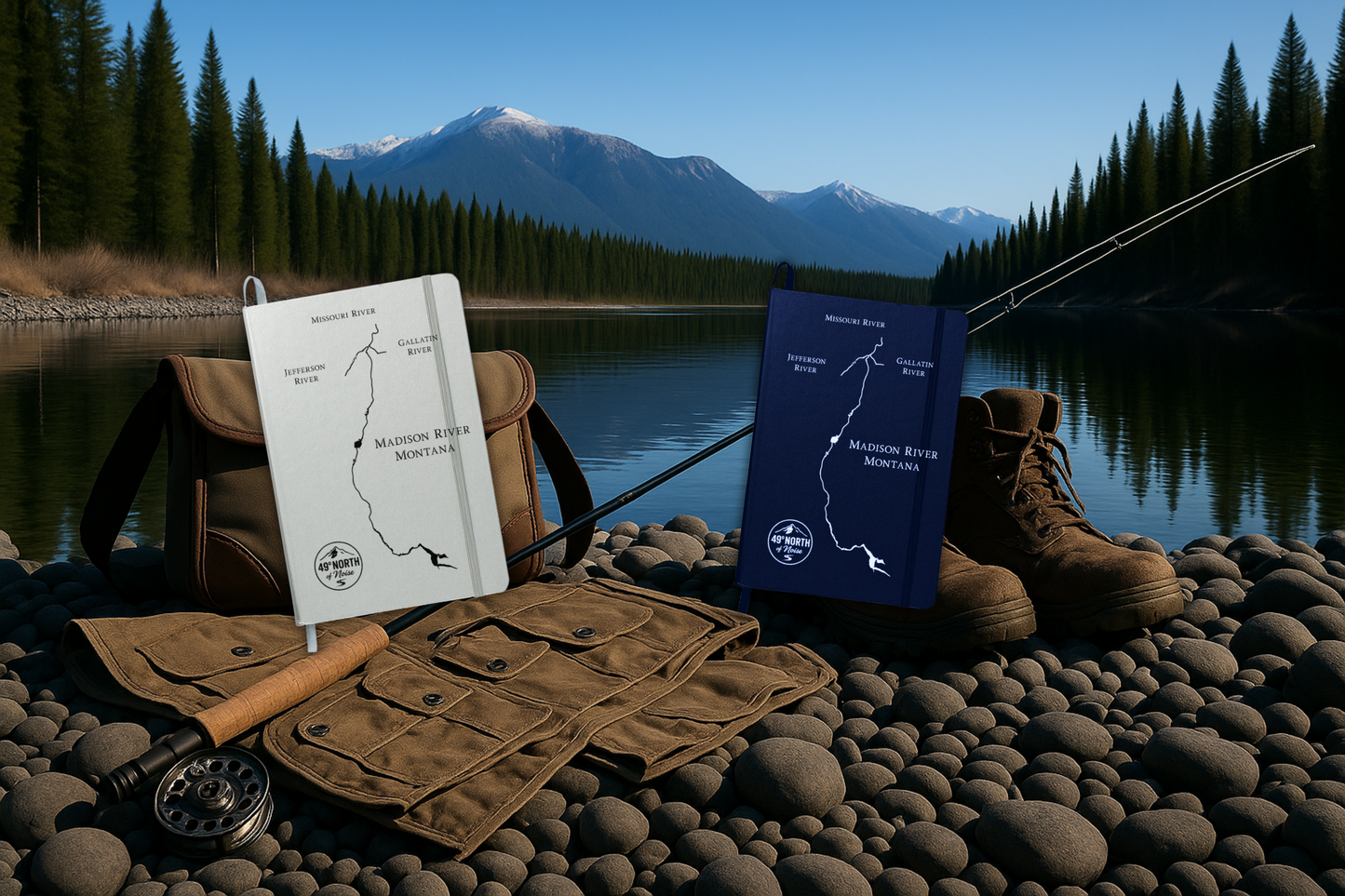 Outdoor journal with engraved Madison River cover resting on fly fishing gear beside a rocky Montana riverbank during golden hour.