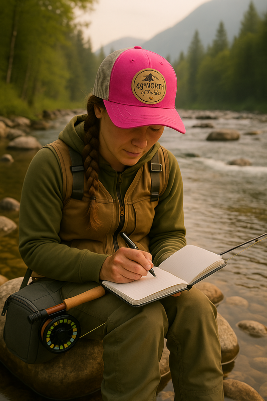 Distressed Ollie cap with 49° North vegan leather circle patch, tan mesh back, and pigment-dyed cotton front for outdoor use